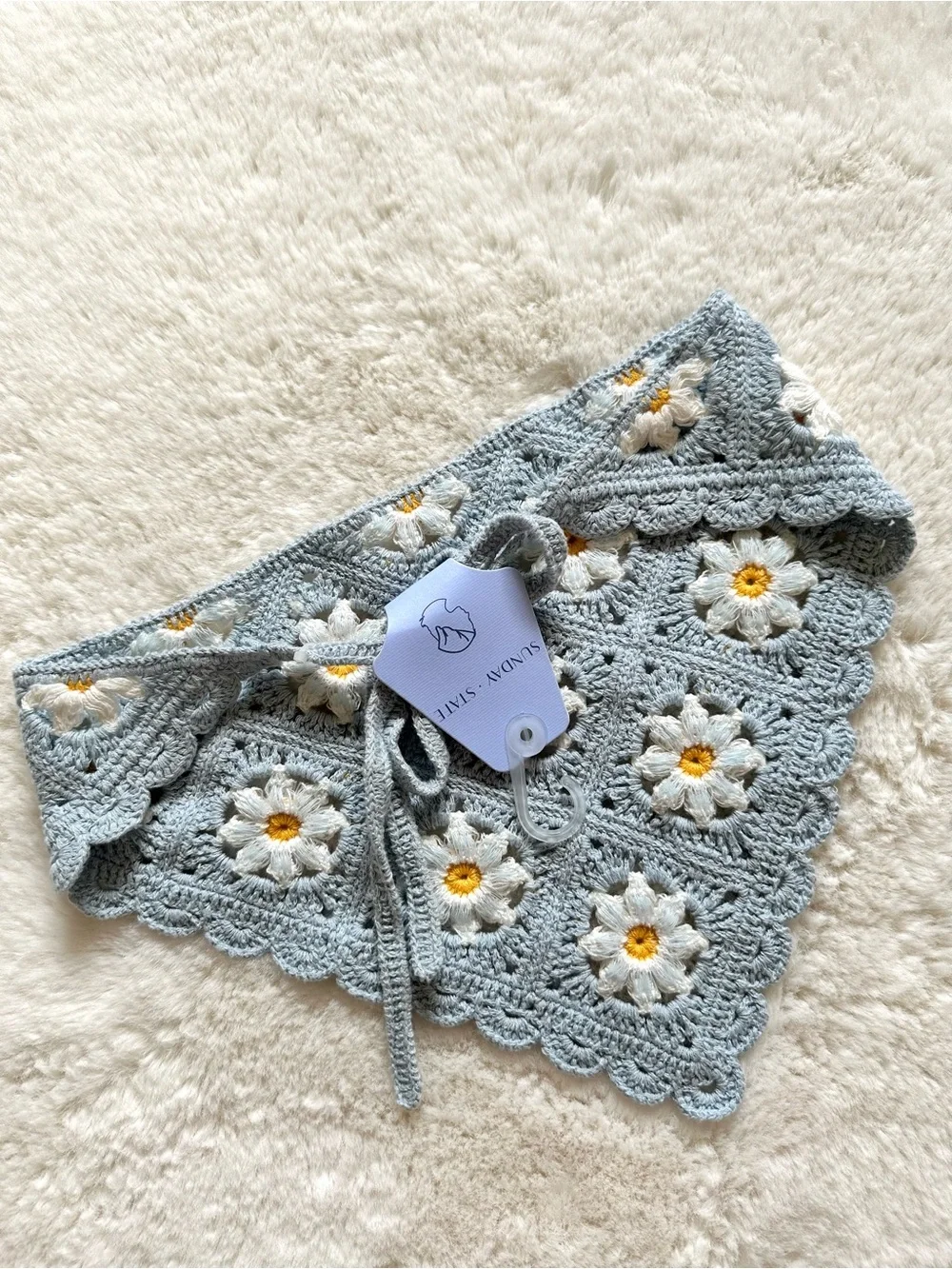 Sunday State Crochet Daisy Bandana in Light Blue and White